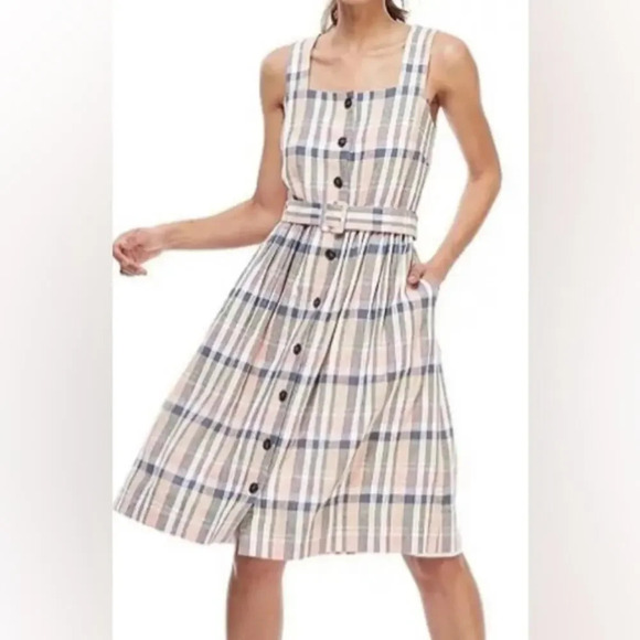 Gal Meets Glam Peyton Plaid Linen Dress Navy & Peach Size 00 - Picture 1 of 7